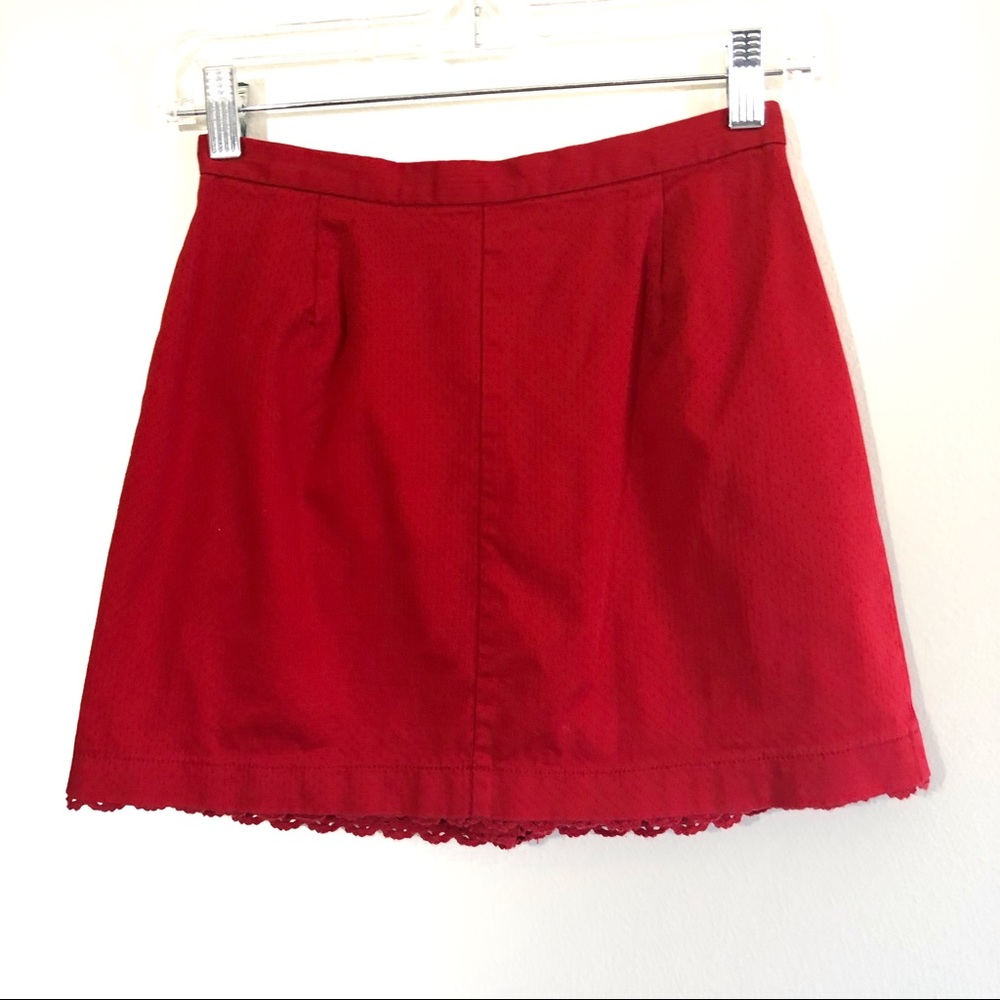 TopShop Red bow button down mini skirt crochet hem - Picture 3 of 8